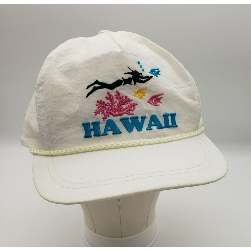 Vtg White Hawaii Embroidered Baseball Cap, Snapback Adjustable, Rope Braid Trim